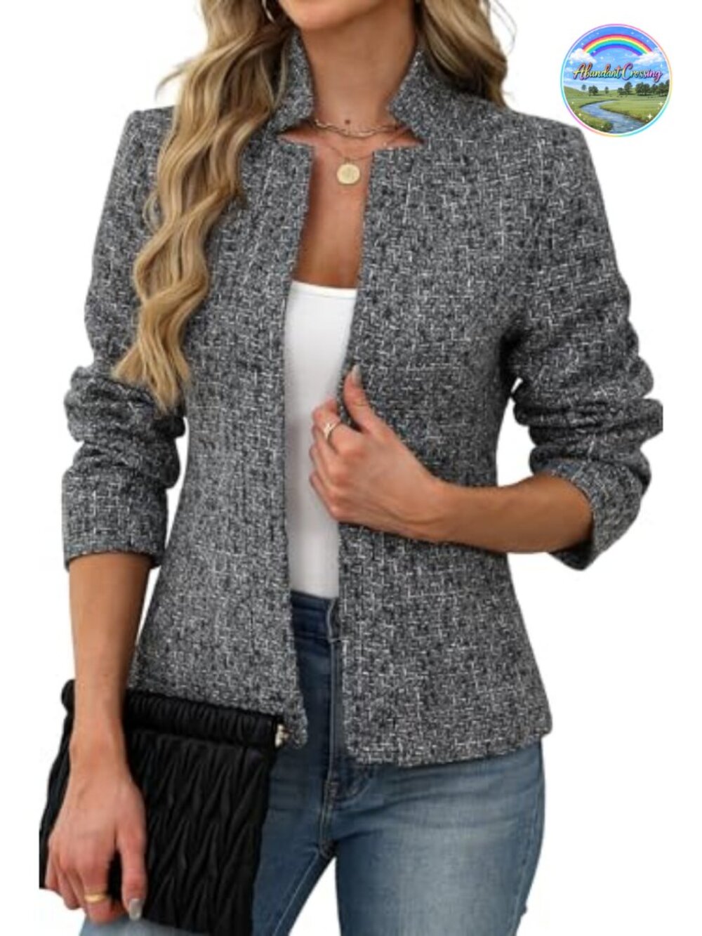 Tweed Open Front Blazer Long Sleeve Notch Collar Slim Fit Business Casual